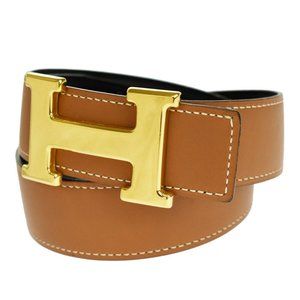 HERMES H Logo Constance Reversible H Buckle Belt Leather # 65 Black BN 82ML583